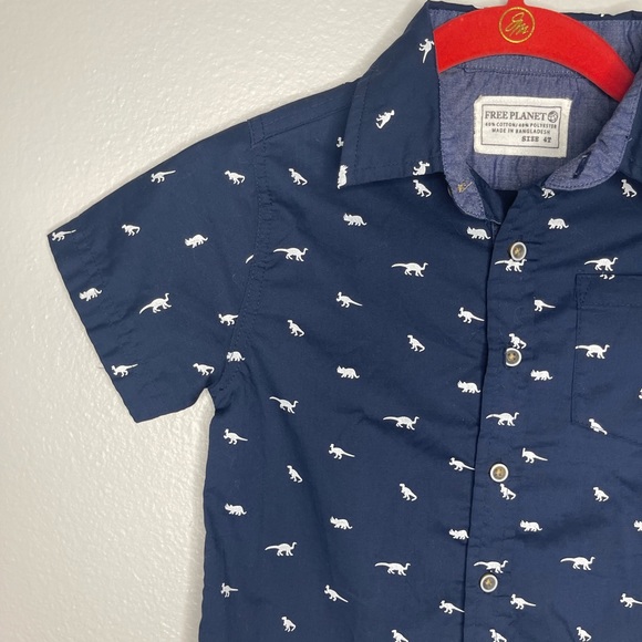 Free Plant Blue White Dinosaurs Unisex Boy Girl Size 4T Toddler Button Down Top - Picture 2 of 5